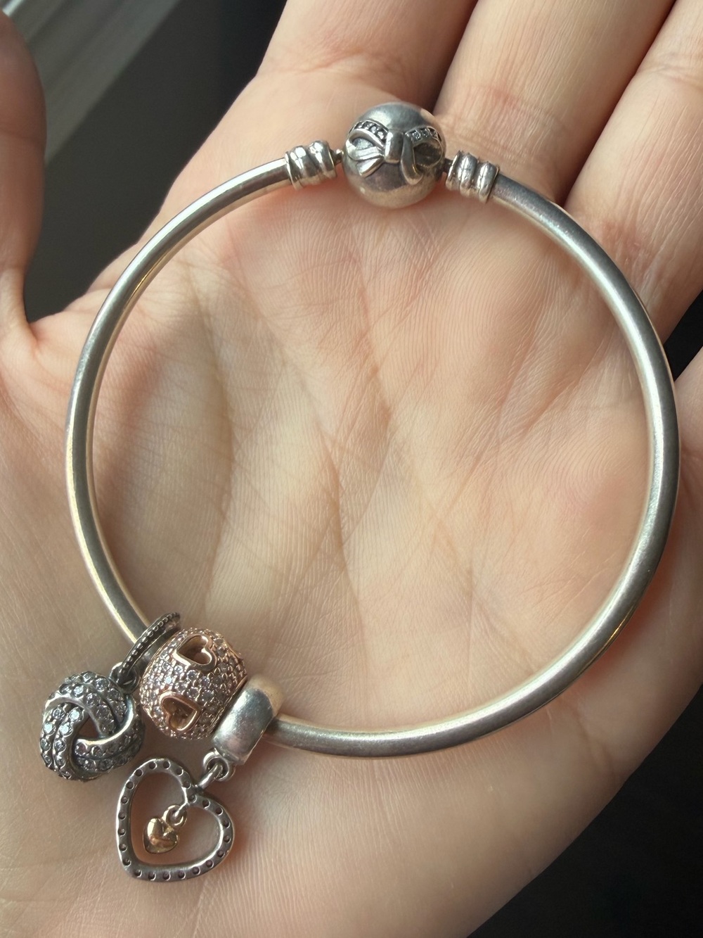 Pandora Two-Tone Silver Bangle with Heart and Gold Accent Charms